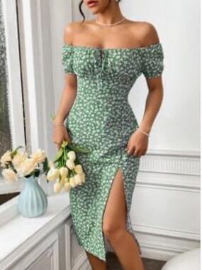SHEIN Green Floral One-Shoulder Midi Dress with Side Slit
